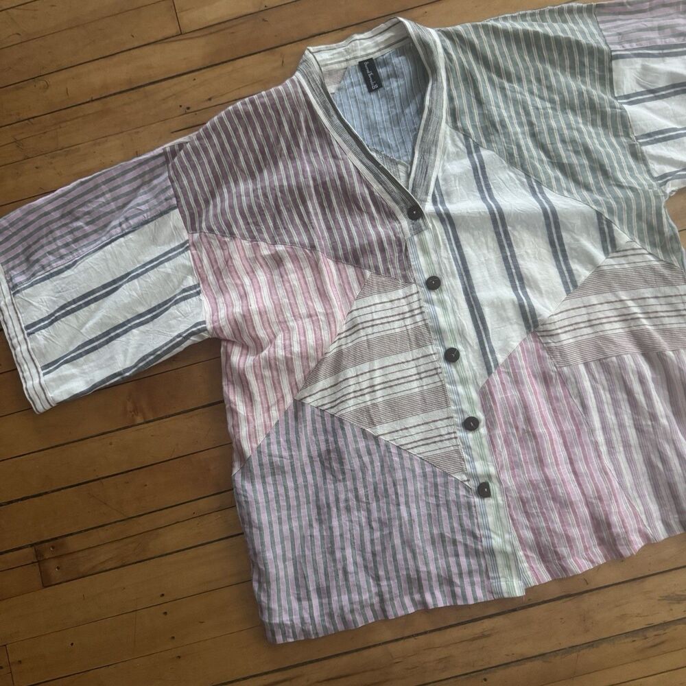 Sacred Threads Womens Boho Patchwork Short Shelve Top Blouse Striped Pastel Tone
